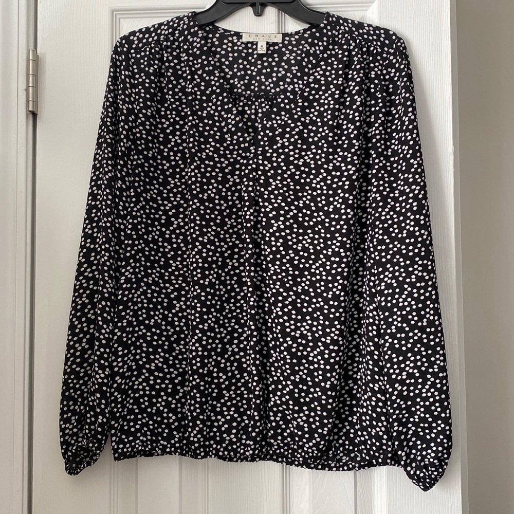 Black and White Polka Dot V-Neck Blouse